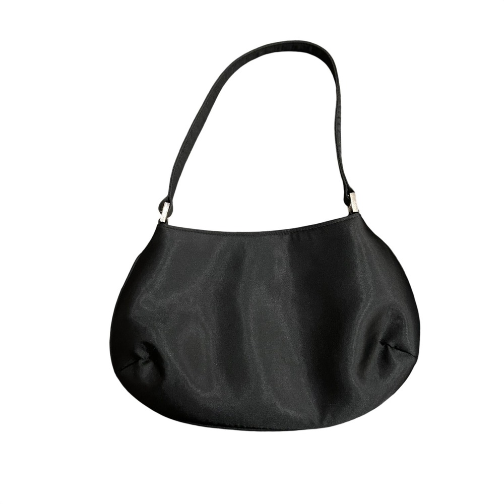 Black Satin Shoulder Bag Evening Hobo Handbag with Interior Mirror Silver Trim
